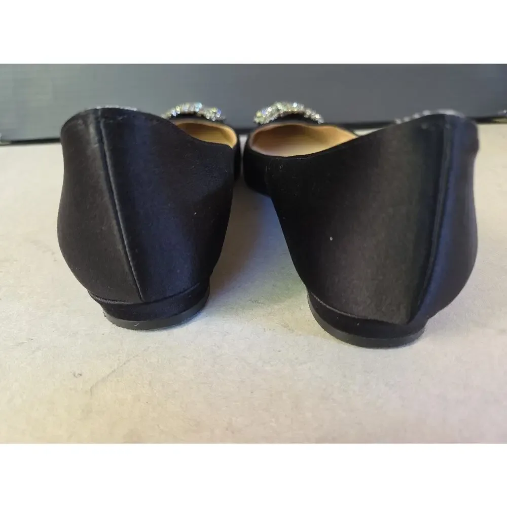 Manolo Blahnik Hangisi Jewel Buckle Flat Pumps Black Satin Women's 36 US8 w/Box